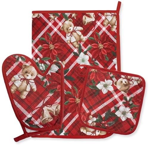 Weihnachtliches 3-teiliges Küchenset aus Ofenhandschuh, Topflappen und Geschirrtuch aus 100% Baumwolle – Motive mit Weihnachtsmann und Rentieren – Ofenaccessoires Idee