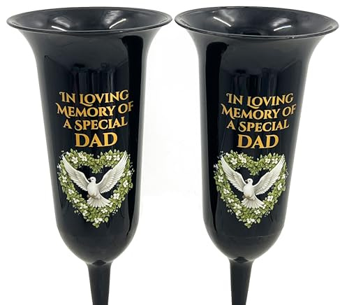 Angraves Set of 2 Special Dad Dove Love Heart Black and Bronzed Gold In Loving Memory Fluted Spiked Memorial Grave Cemetery Flower Vases Holders Containers Pots