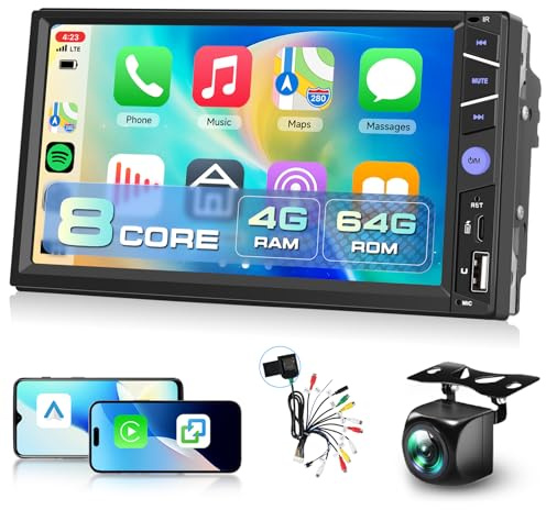 Hodozzy 7” Android 15 Double Din Car Stereo – 8 Core 4GB+64GB, Wireless CarPlay & Android Auto, With 4G SIM Slot, DSP, Wifi, HD Reverse Camera UK Right Button, Bluetooth 5.0, GPS, FM/AM/RDS, Type-C