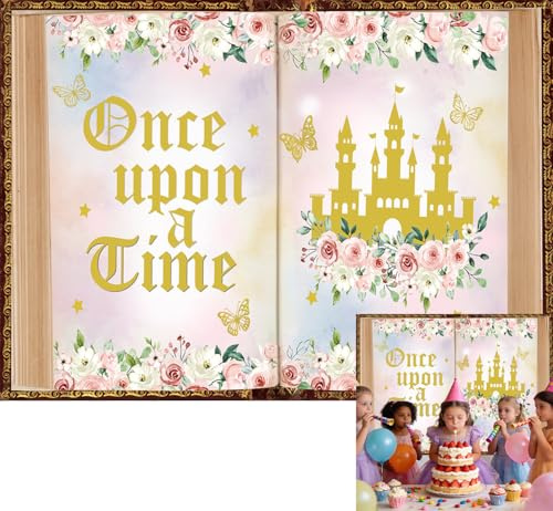 XCKALI Once Upon a Time Hintergrund Märchenbücher Fotografie Hintergrund Rosa Blumen Prinzessin Schloss Party Dekoration 2,4 x 1,8 m