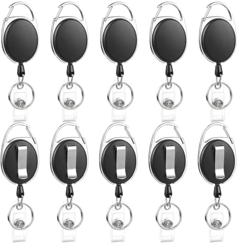 10 Pack Retractable Badge Reels with Carabiner and Key Ring, Black