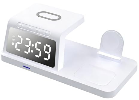 Bewinner Station de Charge sans Fil 3 en 1 avec Horloge, Chargeur de Bureau Rapide 15 W pour Téléphone Portable, Montre Intelligente, écouteurs, Chargeur sans Fil Qi Multifonctionnel (HT-506 Blanc)