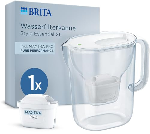 BRITA Wasserfilter Kanne MAXTRA Style Essential XL, 1x Pure Performance | Weiß, große Filterkanne, LED Filterwechselanzeige, Klappdeckel, Filterkartusche reduziert PFAS, Kalk, Metalle & mehr