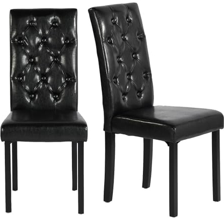 EGGREE Chaises de Salle à Manger Lot de 2 Noires Simili Cuir Chaises Rembourrées avec Assise épaisse et Dossier à Couture en Losanges, Pieds en Bois d'hévéa Robustes, 46,5 × 43,5 × 98 cm, Cuisine