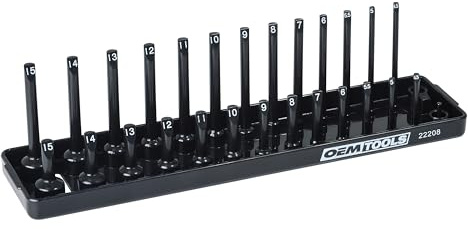 OEMTOOLS 22208 1/4 Metric Socket Organizer, 1/4 Socket Holder for Deep and Shallow Sockets, Labeled Posts, Dual Rail, Holds 4 mm to 15 mm