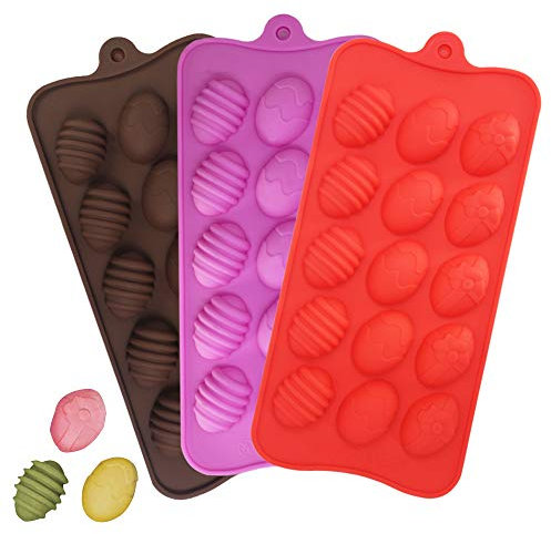 Easter Egg Silicone Chocolate Candy Molds, YuCool 3 Pack Silicone Molds with 15-Cavity for Candy Chocolate Jelly, Ice Cube-Red,Pink, Chocolate