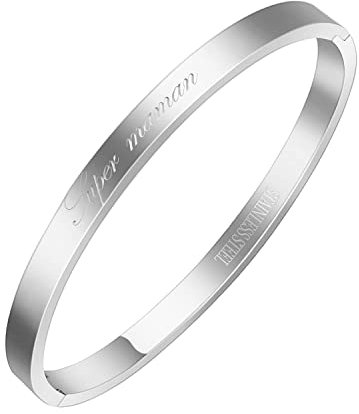 AURSTORE® Armreif aus Edelstahl 316L mit Botschaft Inspirationssätze, Breite 4 mm, mehrere Nachrichten zur Auswahl, Farben Silber (Super Mama), 19 cm, Edelstahl, Ohne Stein