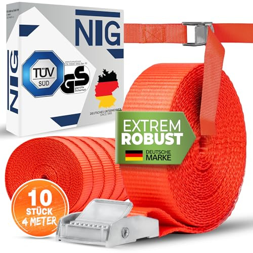 NTG Spanngurte 10 Stück 250 kg 4m mit Klemmschloss 25mm - TÜV/GS geprüft | Klemmschlossgurt Befestigungsriemen DIN EN 12195-2 - für LKW Anhänger Transporter Ladungssicherung Zurrgurt