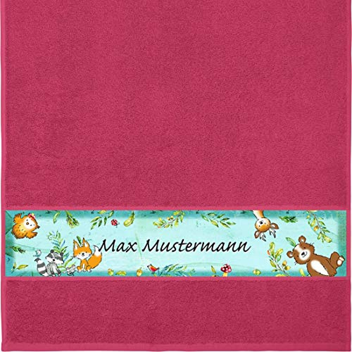 Manutextur Handtuch mit Namen - Motiv Kinder - Wald - viele Farben & Motive - personalisiert - Fuchsia - Größe 50x100 cm - persönliches Geschenk