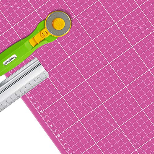 Schneidematte A1 (60x90cm) Weiss auf Pink, inkl Rollschneider und 70cm Altera Aluminium-schneidelineal mit Stahlkante, Rutschfest (im Etui Verpackt)
