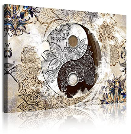 DekoArte 349 - Cuadros Modernos Impresión de Imagen Artística Digitalizada | Lienzo Decorativo Para Tu Salón o Dormitorio | Estilo Ying Yang Abstractos Zen Colores Beig Marrón | 1 Pieza 120 x 80 cm