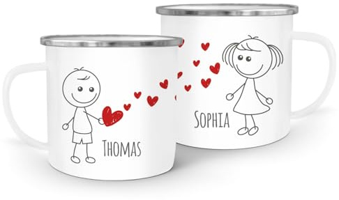 SpecialMe® Emaille-Tasse mit Namen Liebes-Paar Strichmännchen Liebesgeschenke personalisierbare Geschenke (1 Tasse) Weiss-metall Emailletasse