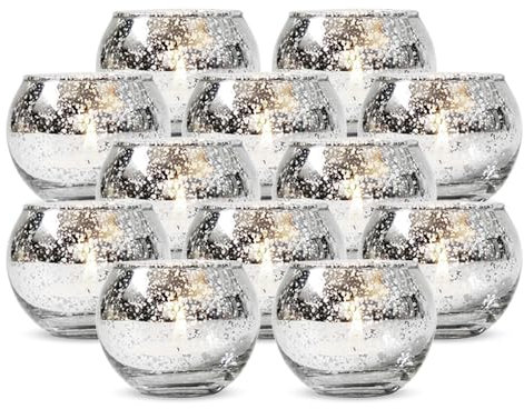 12 Stück Runde Quecksilber Votive Kerzenhalter - Aus Quecksilberglas Mit Einem Gesprenkelten Silber Finish - für Ihre Hochzeitsdekorationen oder Inneneinrichtungen