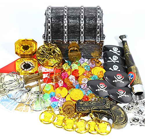 Sincere Party Silver & Black Coating Pirate Treasure Chest With Coins, Jewels, Toy Gun, Compass, Earrings, Rings, Telescope, Badge, Eyepatch, Bandana, 16pcs Paper Money
