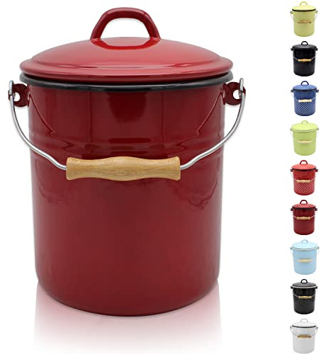 Krüger Emaille Mülleimer Rot 5 L | Abfalleimer mit Deckel & Holzgriff | PFAS-frei | Schnitt- & kratzfeste Oberfläche | Leicht zu reinigen | Vielseitig verwendbar | Für Küche & Haushalt