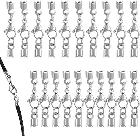 20 Stück Armband Verschluss Karabinerverschluss aus Edelstahl, Kettenverschlüsse Verbinder mit Kordelenden, Silber Lederband Kette Karabiner für DIY Halskette Clipverschluss Schmuckherstellung