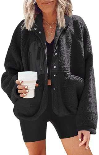 Nirovien Fuzzy Fleece Jacket Womens Sherpa Jacket Button Up Outwear Fleece Winter Coats for Women((Black,M)