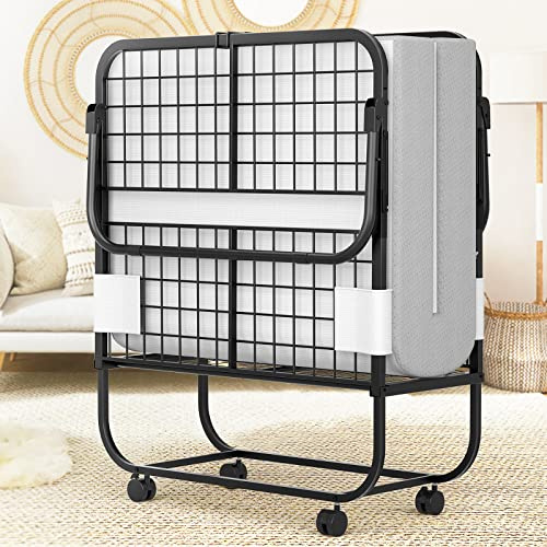 Homieasy Folding Bed with 5 Inch Memory Foam Mattress, 75” x 31” Cot Size Rollaway Guest Bed for Adults, Sturdy Metal Frame Foldable Bed Supports 300lbs, Portable Bed on Wheels with Storage Cover