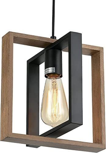 minifair Industrial Small Pendant Lighting, Farmhouse Kitchen Island Hanging Lamp with Cord, Wood+Metal,1 Light E27 Fixture for Dining Room Bedroom Hallway Entryway,24 CM