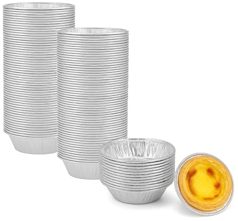 AIDUZETY [Confezione da 100] Mini tazze per crostate in alluminio da 5,4 cm, stampi da forno usa e getta per torte di uova, budini, piccoli dessert, da asporto e uso ristorante