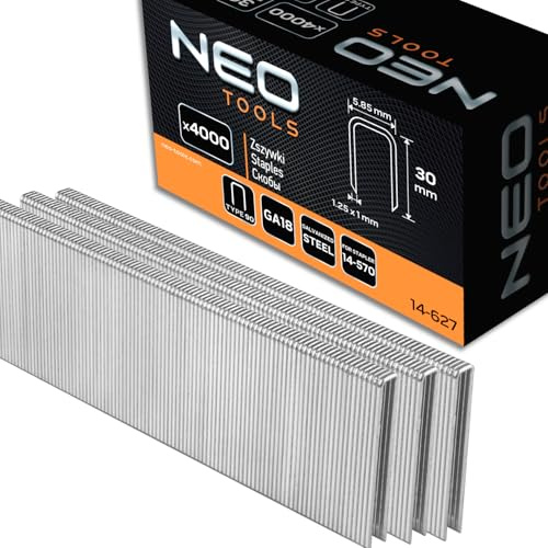 NEO TOOLS Grapas galvanizadas para grapadora neumática (para NEO modelo 14-570), GA18, tipo 90 (4K), longitud 10-40 mm, 4000 unidades, alambre de acero galvanizado, resistente a la corrosión (30 mm)