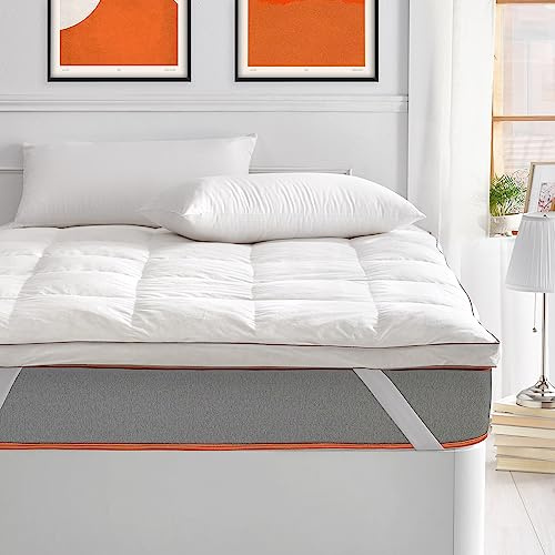 What The Sleep - Topper 140 x 190 cm | Cama 140 cm | Cubrecolchón Relleno Natural Plumas 1300 gr/m² | Altura 5 cm | Algodón Downproof | Sobrecolchón Efecto Nube Suave Mullido | TOP Transpirable | BASS