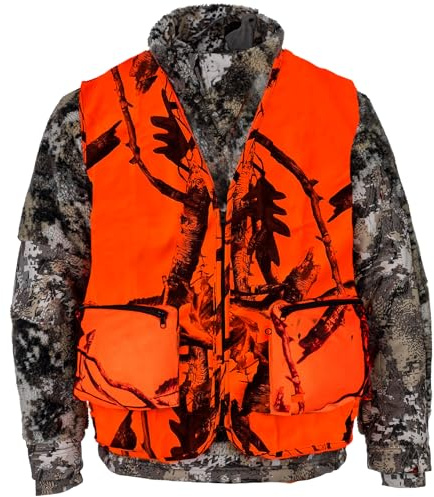 Klarny Outdoors Camo Orange Hunting Vest with Pockets - High Visibility, Waterproof, Ultra-Quiet Deer and Bow Gear Accessories, Size XL