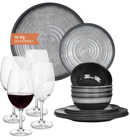 Vaisselle de camping en mélamine pour 4 personnes Gris pierre + 4 verres à vin rouge Tiamo Rouge