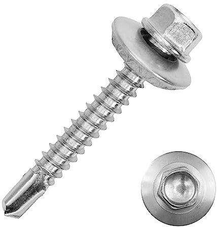 Bohrschrauben 5,5x28 mm mit Sechskantkopf, Bund und Dichtscheibe (16 mm) aus Edelstahl A2 (10 Stück) | DIN 7504 - Blechschrauben - Sechskantschrauben von MESAROS®