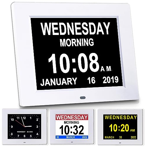 Gsituk 12 Alarms Large Dementia Clock 8 inch, Seniors Auto Dimming LED Digital Calendar Clock with Day Date Time for Bedroom Livingroom and Wall (White)