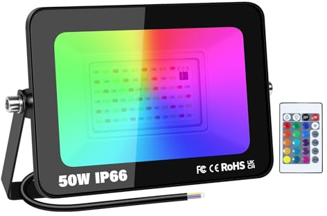 RIGIDON RGB LED Strahler mit IR Fernbedienung, 50W 5000LM RGBW Flutlicht | 16 Farben 4 Modi Dimmbar IP66 Wasserdicht Farbwechsel Fluter Bunt für Party Garten Baum Landschaft Disco Feiern, Ohne Stecker