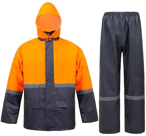 VUVEA Men's Lightweight Waterproof Rain Suit - Reflective Jacket & Pants with Hood for Outdoor Work, Fishing, Hiking