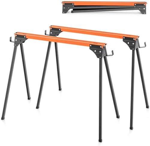 GiantexUK 2PCS Folding Sawhorses, 1000KG Twin Pack Workbench with Rotatable Support Arms & Non-Slip Footpads, Portable Heavy Duty Metal Work Trestle Stands for Garage Workshop DIY (Orange + Black)