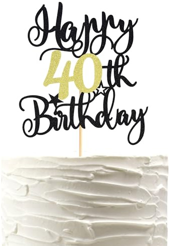 Arthsdite 1 Pc Happy 40th Birthday Cake Topper Cheers to 40 Years Birthday Cake Pick 40 Fabulous Cake Decoration for Happy 40th Birthday Anniversary Party Cake Decorations - Black Gold Glitter