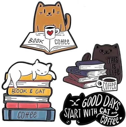 4PS Kaffeebuch Katze Emaille Pins niedlich Tier Broschen Leben ist besser mit Katze Abzeichen für Kleidung Taschen Rucksäcke Party Dekoration Geschenk Weihnachten