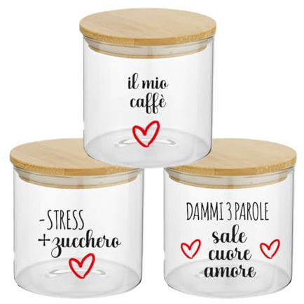 Generico Set Tris Contenitori per Sale Zuccherro e Caffè Personalizzati con Frasi Divertenti Confezione 3 Barattoli Trasparenti In Vetro Coperchio Legno Idea Regalo Arredo Decorazioni Casa Cucina
