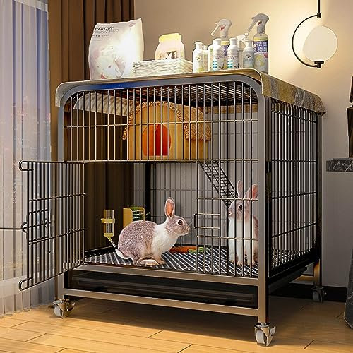 Kaninchenkäfig - 2-stöckiges Hasenhaus mit Rädern - Auslaufsichere Ablage - Ideal für Kleintiere - Frei bewegen - Schweinekäfig - Kaninchenkäfig