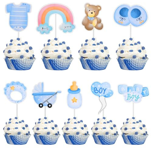 Yuanchu 36 Stück Babyparty Tortendeko Taufe Junge,Baby Boy Cupcake Topper Baby Shower Tortendeko Gender Reveal Party Torten Deko Muffin Blau Deko(Junge)
