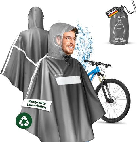 freemind Fahrrad Regenponcho aus receceltem Material - Fahrradponcho für Damen & Herren wasserdicht, winddicht, atmungsaktiv - Unisex Regencape mit Reflektor - grau, Größe L/XL