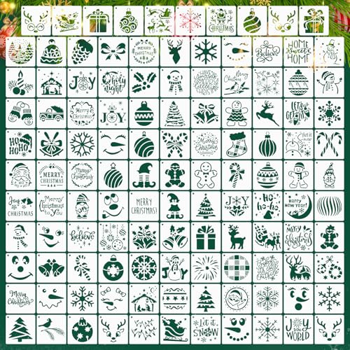 120 Stück Weihnachtsschablonen, 7,6 x 7,6cm Wiederverwendbar Frohe Weihnachten Vorlagen Feiertags-Schablonen zum Malen auf Holz Wand Papier Karte Sammelalbum Heimwerken Basteln Dekor