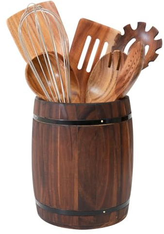 Tomato Garden Wooden Utensil Holder, Brown, Barrel Shape, Holds Spoons and Scoops, Wine Barrel Design, Painted, Smooth Surface, Sturdy Construction