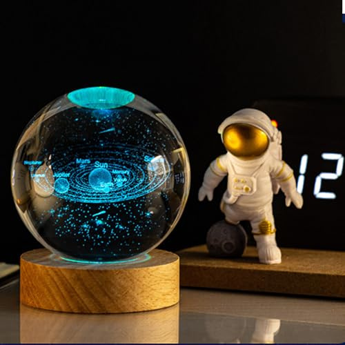 HeZhiNing Sfera di cristallo 3D, Luce Notturna per Bambini a Forma di Sfera in Vetro, Base a LED con 7 Luci che Cambiano Colore, Decorazione in Cristallo Regali (Sistema Solare, 6CM)