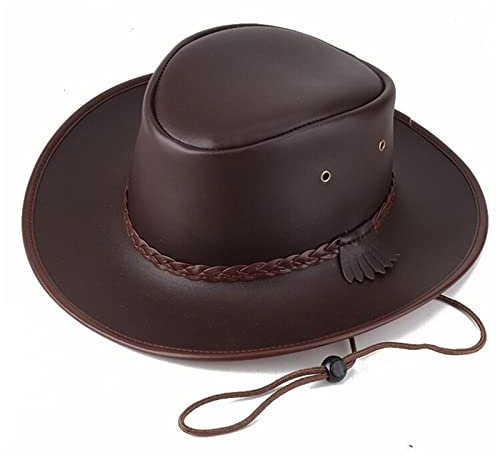 LVUNZJCA Herren-Lederhut Herren Outback Hut Frühling Sommer Wasserdichter Leder Cowboy Hut Western Rain Hat für Laufen, Wandern im Freien(Coffee)