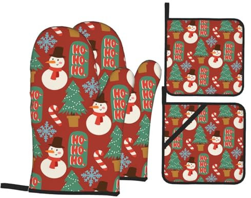 Ofenhandschuhe und Topflappen-Set, Weihnachtsbaum, Schneemann, hitzebeständig, Küchen-Backhandschuhe, rutschfeste Oberfläche zum Kochen, Backen, Grillen, Grillen