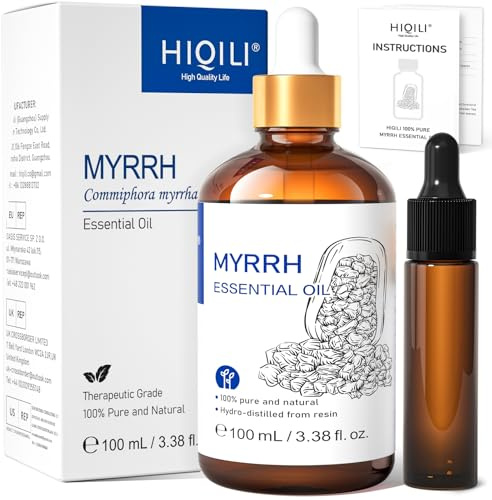 HIQILI Myrrhe Ätherisches Öl für Haut, Diffusor & Bad | Vermischbar mit Haarpflege- und Körpercremes, Erstellen von DIY-Düften mit praktischer Reiseflasche – 100mL / 3.38 fl oz
