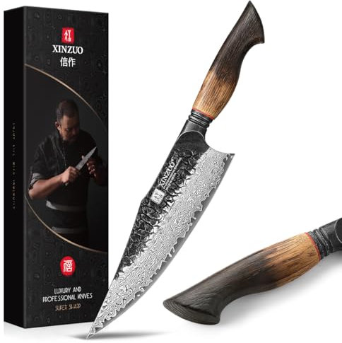 XINZUO 21,9cm Coltello da Cuoco 67 Strati in Acciaio Damasco Forgiato a Mano Coltello da Chef da Cucina Nucleo in Acciaio 10Cr15CoMoV -Manico Ergonomico in Rovere Bianco e G10 Rosso