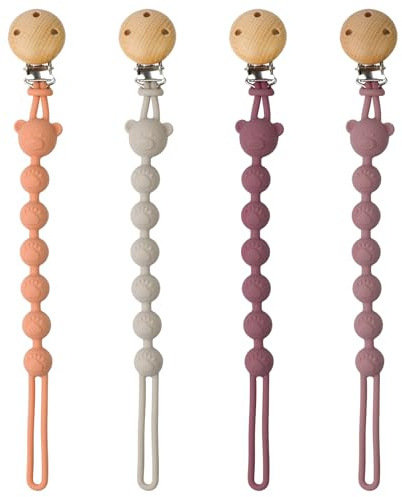 AYSYR 4 PCS Dummy Clips Portable,Pacifier Clips Silicon,Dummy Chain Easy to Clean,Mam Soother Clips and Teether 2-in-1 Design,Pacifier Holder BPA Free(4 Color)