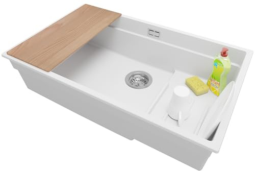 PRIMAGRAN Lavello da Cucina Bianco 76x47cm, Lavandino in Granito a 1 vasca + Set di accessori, Lavabo da Cucina Incasso al Mobile 80cm - Prague Step Level Slim S578