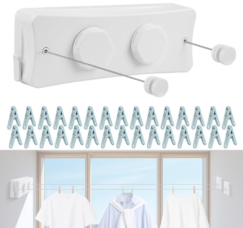 Qiviluto 17Ft Retractable Clothesline Indoor/Outdoor, Comes with 30 clothespins, Anti-Sag for Drying Clothes line retracting Indoor/Outdoor, Dual-Line with Each Line 17Ft Long Laundry line Retractable