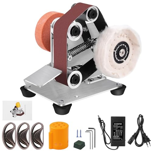 VOBOR Mini Lijadora de Banda Eléctrica, Ángulo Ajustable, 7 Velocidades Ajustables, con 10pcs Cinta de Lija, Afiladora de Cuchillos para Lijado Metal, Pulido Madera y Lijado Herramientas